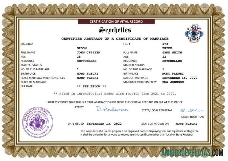 Imprimível modelo Word e PDF de certidão de casamento nas Seychelles